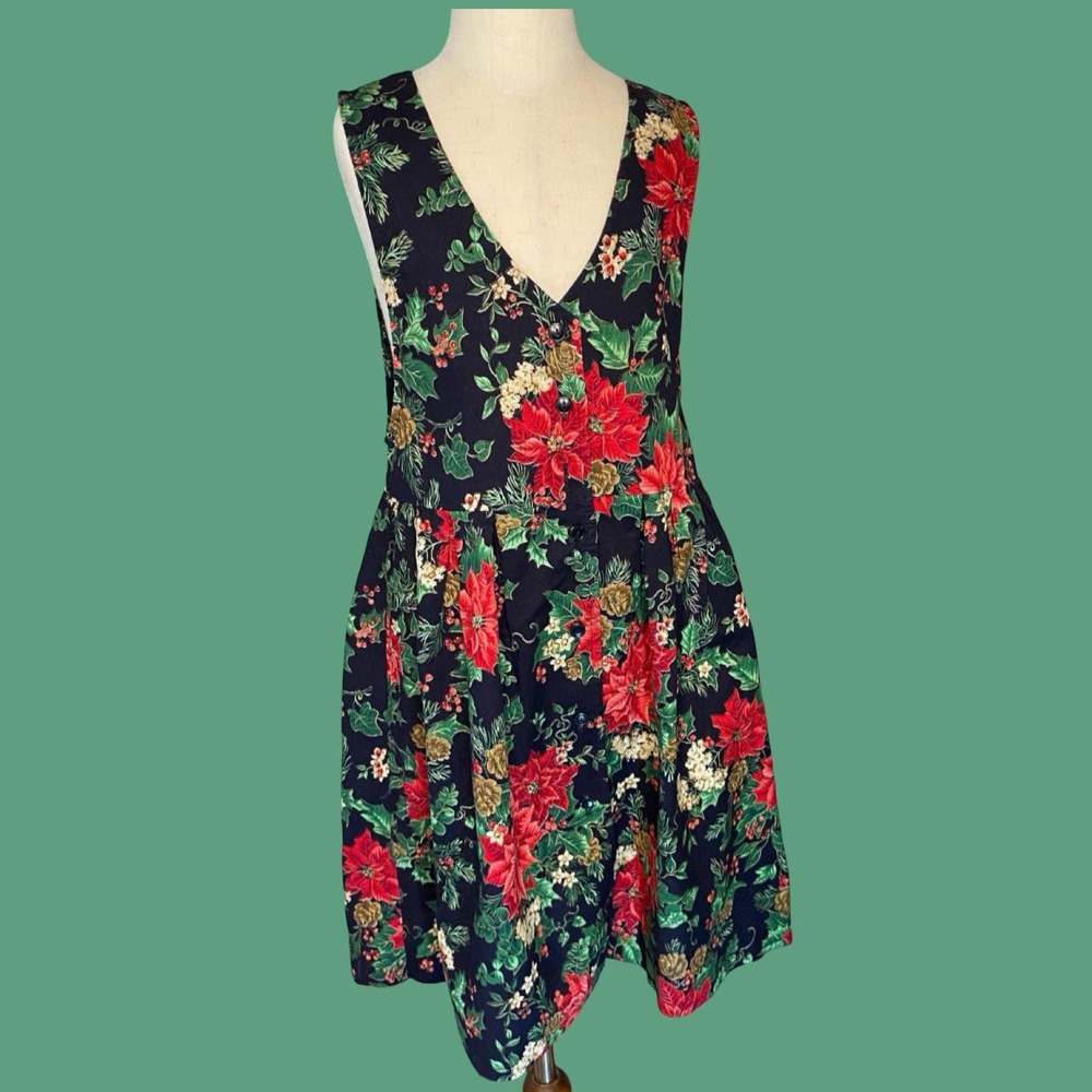 Vintage Poinsettia Christmas Dress, Child's Size 6 90s Holiday Cotton Dress